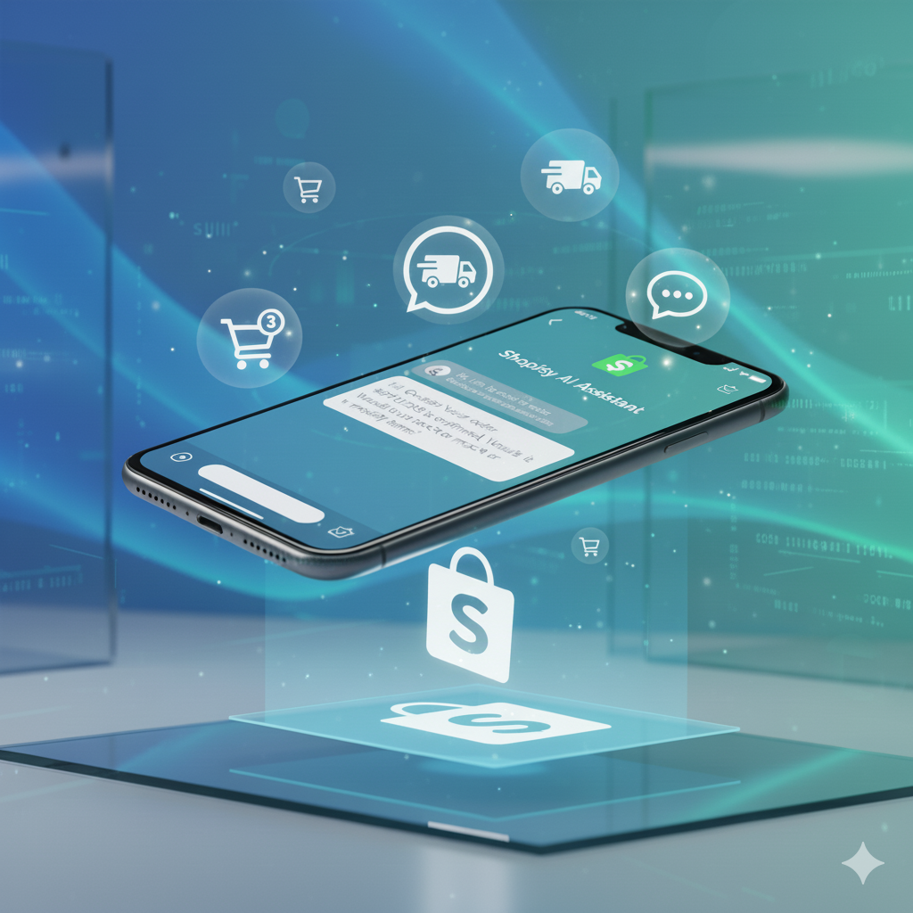 AI chatbot for Shopify support displaying WhatsApp automation interface with customer conversations and order management features on smartphone"