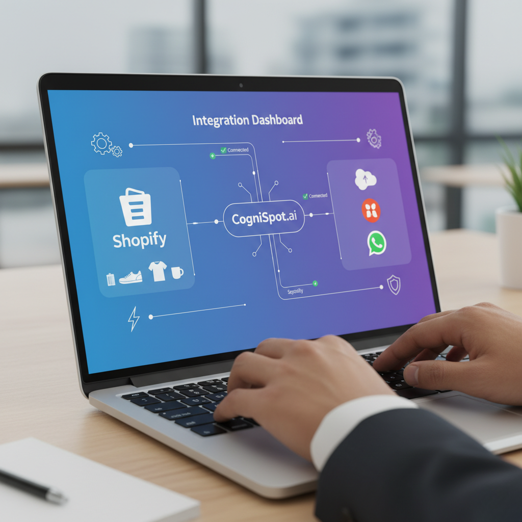 CogniSpot integration dashboard showing Shopify CRM and WhatsApp connections on laptop screen with data flow visualization